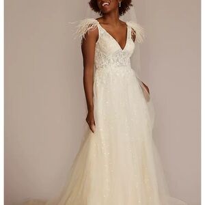 Floral Sequin Feathered Wedding Dress